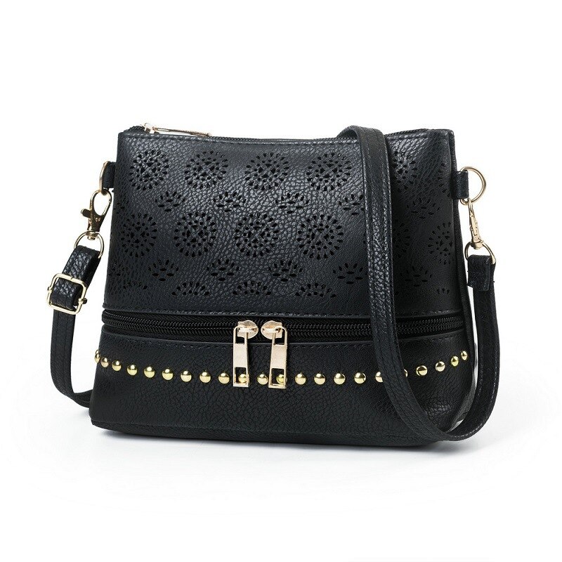 Hollow Out Vrouwen Tas Handtas Vintage Messenger Schoudertas Pu Lederen Crossbody Tassen Voor Vrouwen Bolsa Feminina: Black