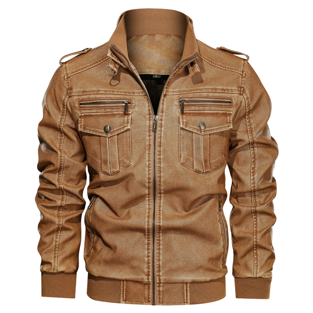 Men's Denim Jacket Big Size Solid Causal Washed leather Jacket With Stand Collar Independent station size Selling: Brown / XXXL