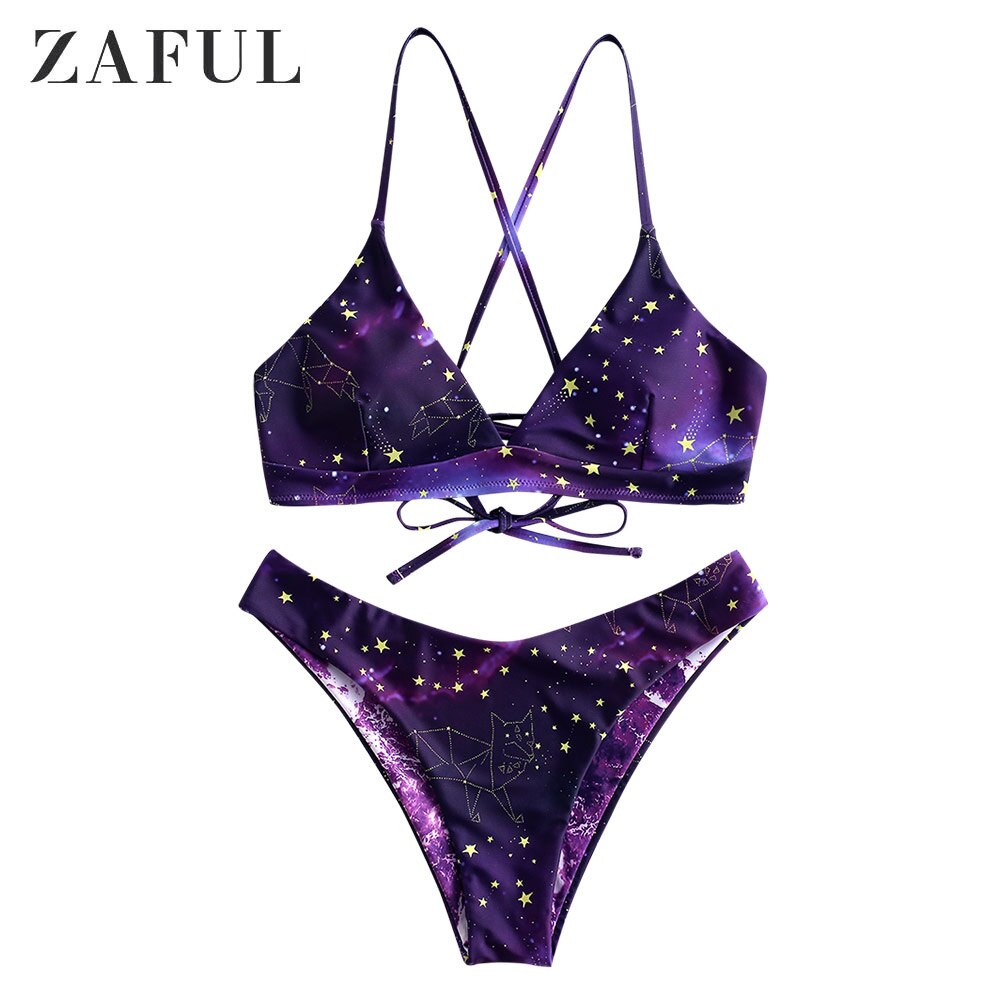 Zaful Bikini Galaxy Print Lace-Up Omkeerbare Bikini Set Spaghettibandjes Criss-Cross Zwemmen Pak Draad Gratis Gewatteerde badmode