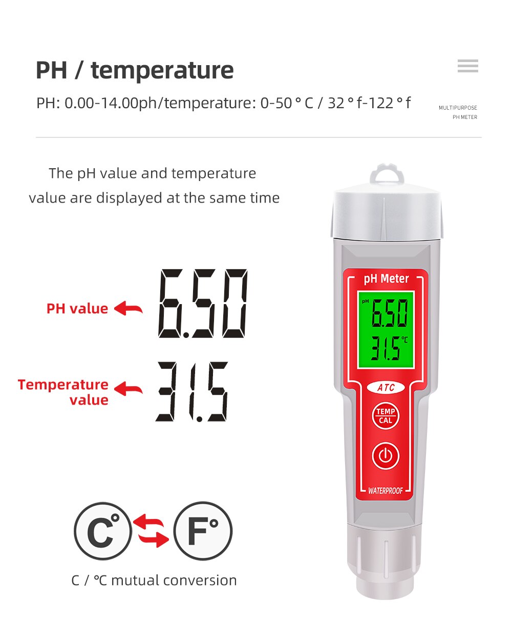 Hydroponics PH Meter Digital 2 in1 PH Temperature Water Tester Backlight for Swimming Pool Aquarium Measuring Instrument