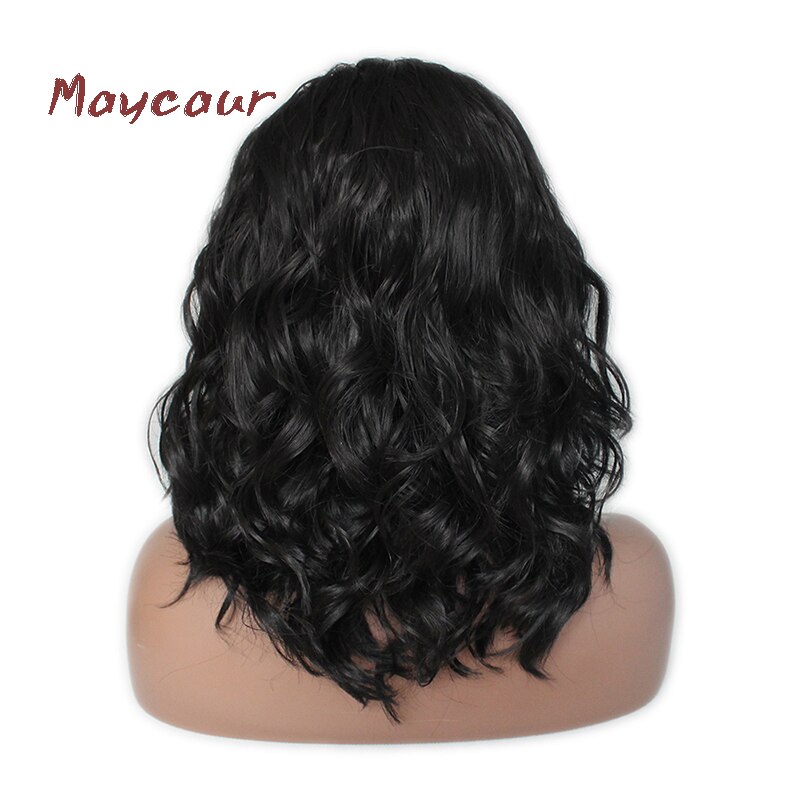 Maycaur-pelucas de cabello ondulado corto, cabello Natural, negro, sintético, con encaje frontal