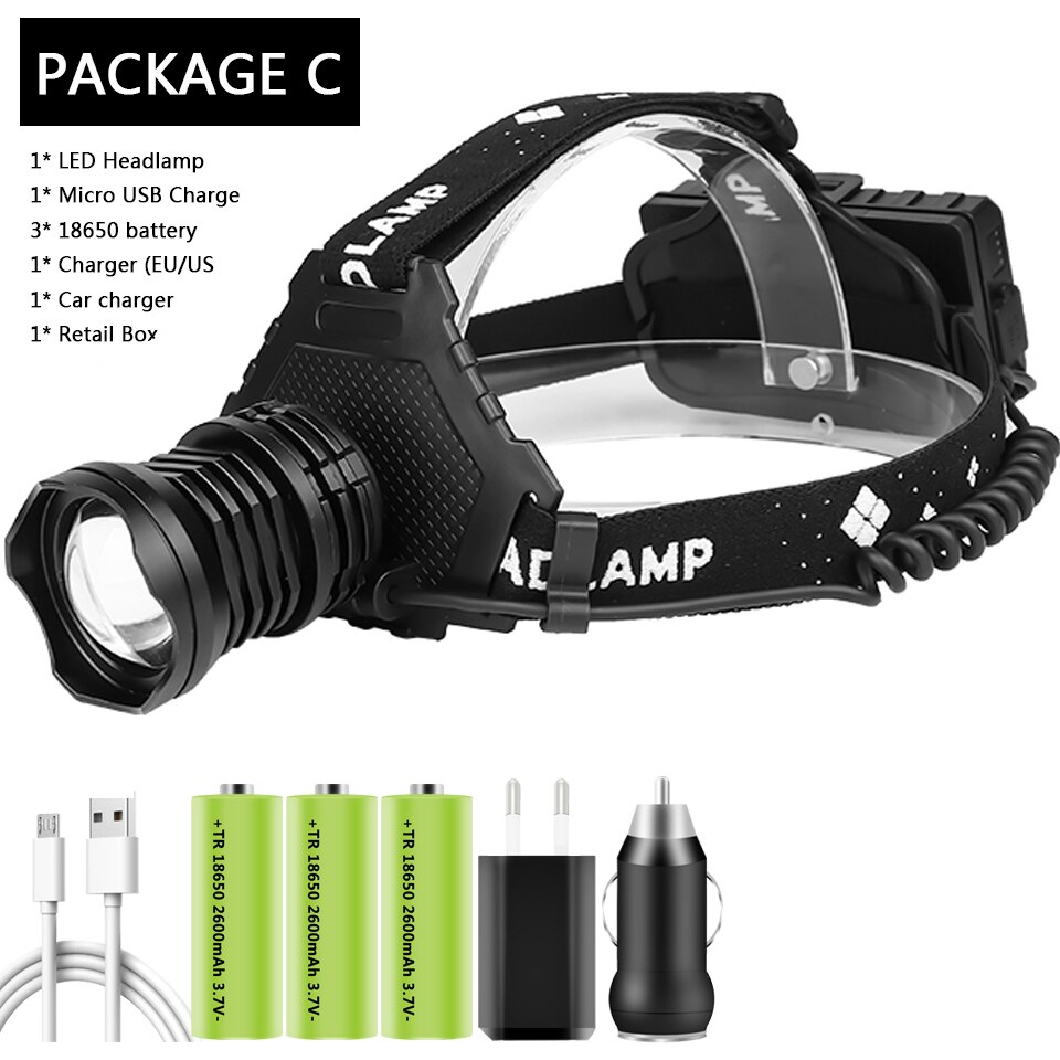 Lampa czołowa doprowadziło najmocniejszy reflektor XHP160 Zoomable głowica aluminiowa lampa Powerbank 7800mAh 18650 bateria robić oświetlenia kempingowego: Package C