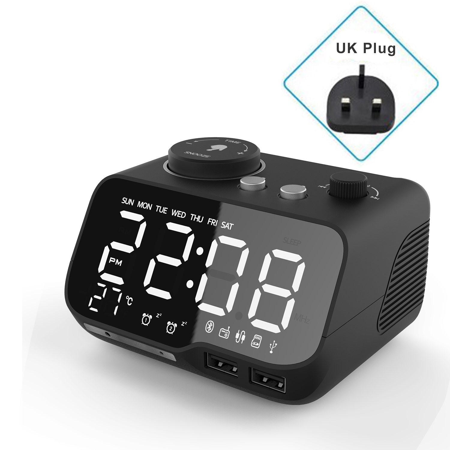Miclock【actualizado-reloj despertador con cargador USB, despertador Digital LED con Radio FM, Altavoz Bluetooth, temperatura, repetición: Black-UK Plug