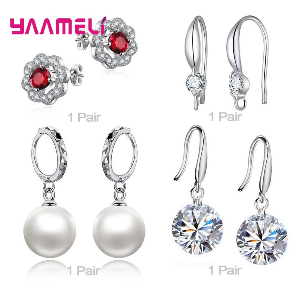 Trendy Vrouwen Oorbellen Echt 925 Sterling Zilver Natuurlijke Kristal Parel Party Accessoires 4 Paar Gemengde Sieraden
