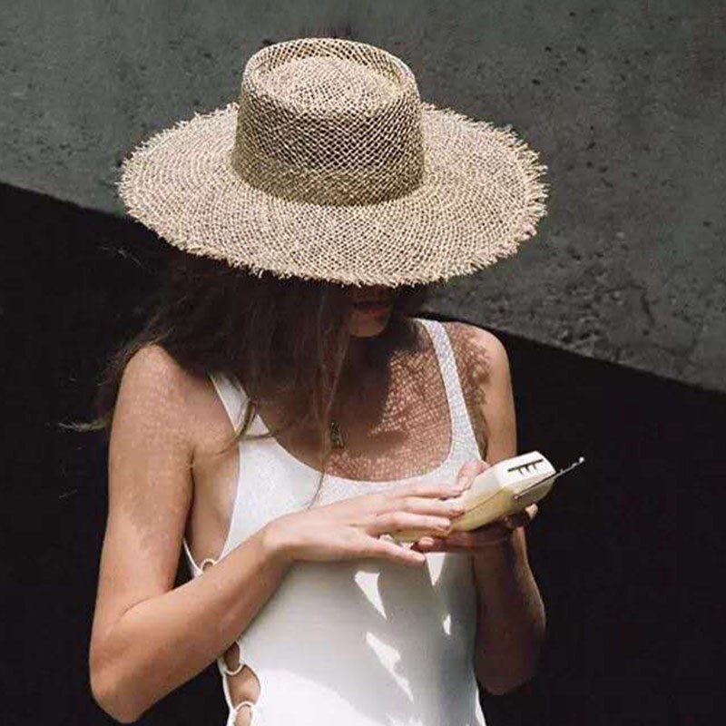 Las mujeres Fray tejido Seagrass sombrero fedora Casual sombrero playero para el sol de ala ancha sombrero de verano Unisex sombreros de paja para el Derby de Kentucky de viaje