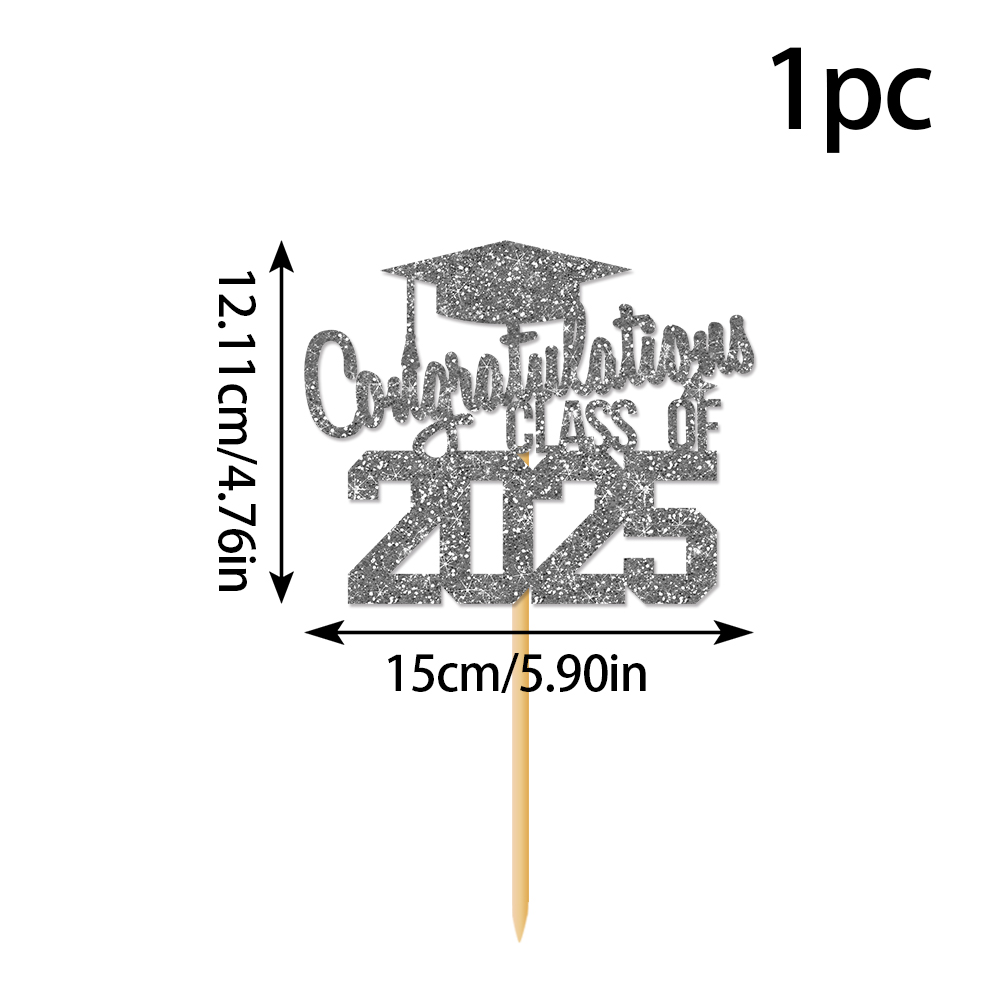 1 stks Gefeliciteerd Klasse van 2025 Afstuderen Cake Topper Glitter Gefeliciteerd Grad Cap Cake Picks voor Afstuderen Thema Party Decor: Dark Gray
