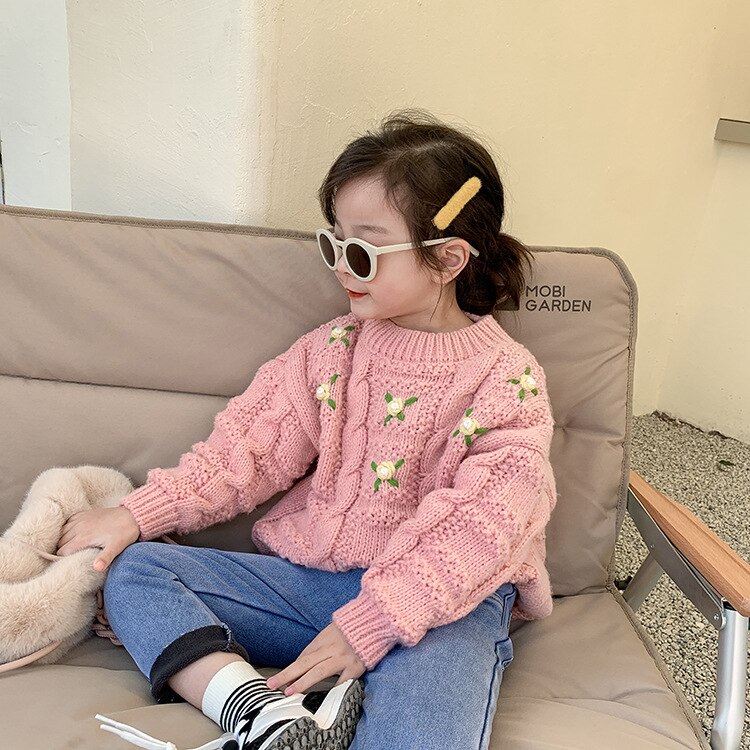 Pull tricoté épais avec broderie florale pour bébé fille, pull mignon de Style coréen pour enfant, hiver