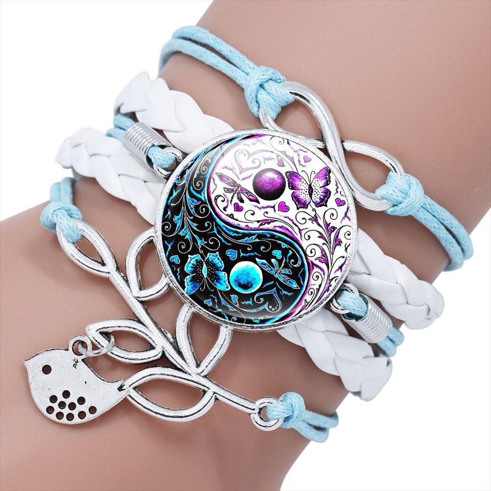 Tai Chi Decor PU Bracelet Yin-Yang Tai Ji Multi-Layer Alloy Wrist Jewelry Knitting Rope Adjustable Length for Men Women AUG889: Black Zinc Plated