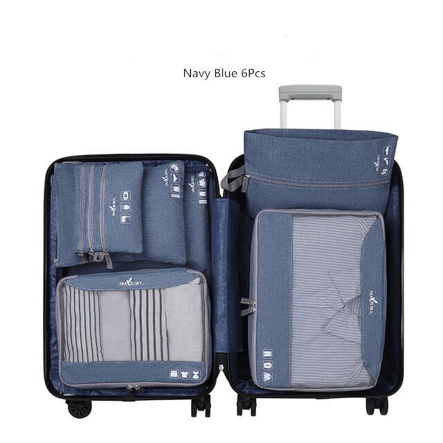 Portable Travel Bags Pouchs Set Storage Bag Suitcase Clothes Cosmetic Organizer Luggage Packing Laundry Accessories Supplies: Navy blue 6 Pcs