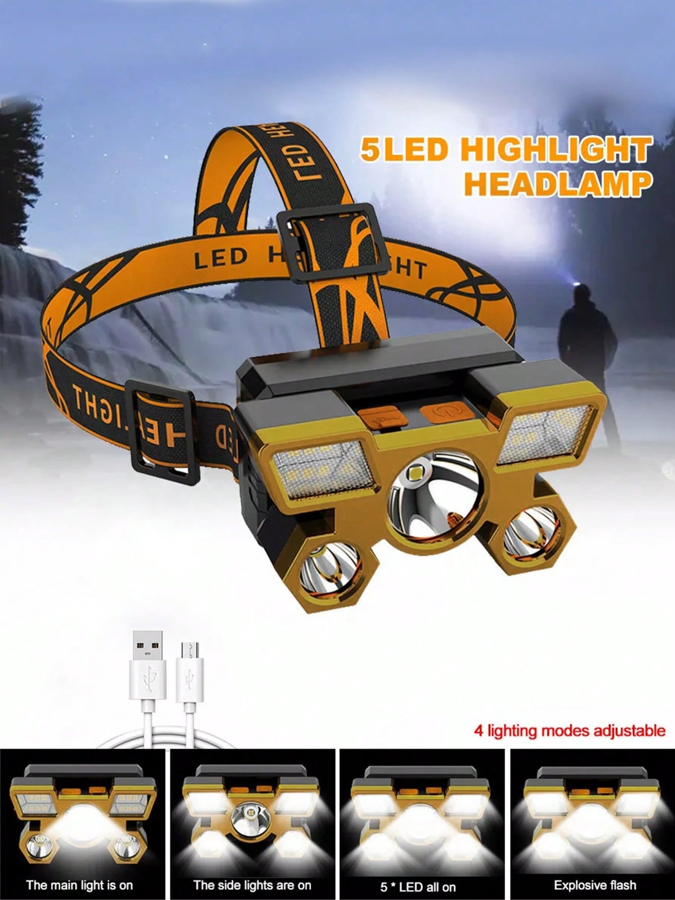 1pc,  led-lys, usb-opladning, pandelampe, udendørs camping- og fiskepandelampe, indbygget genopladeligt batteri, bærbar lampe: Foranderlig
