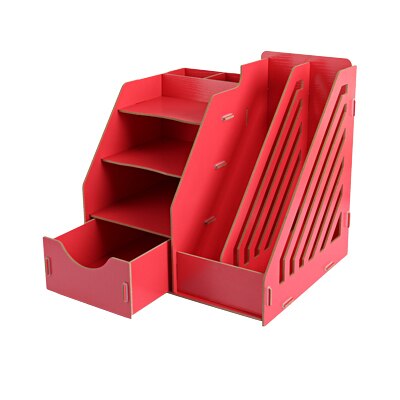 Wood Stationery Holders Multi Use Desktop Storage Paper Holder Stationery Organizer With Drawer Rack Office School Supplies: Red
