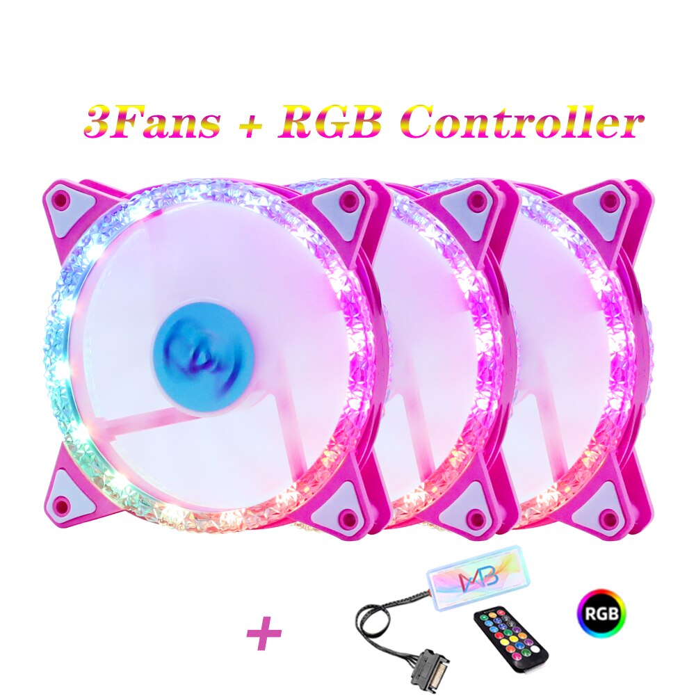 Wovibo-Ventilador silencioso con carcasa LED RGB , Enfriador de CPU de 120mm, Aura Sync, 12V, PWM, 6 pines, Diamante rosa: 3Fans With RGB