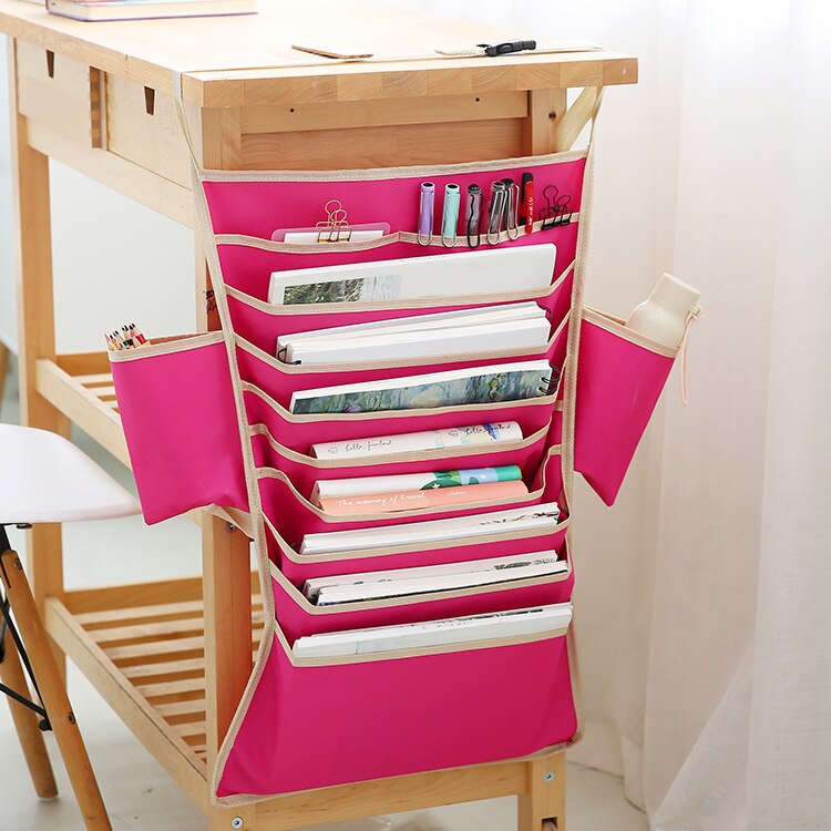 Multi-Pocket Student Table Desk Organizer Storage Book Pens Water Bottle Hanging Bag Organizers Adjustable Magazine organizer: Pink