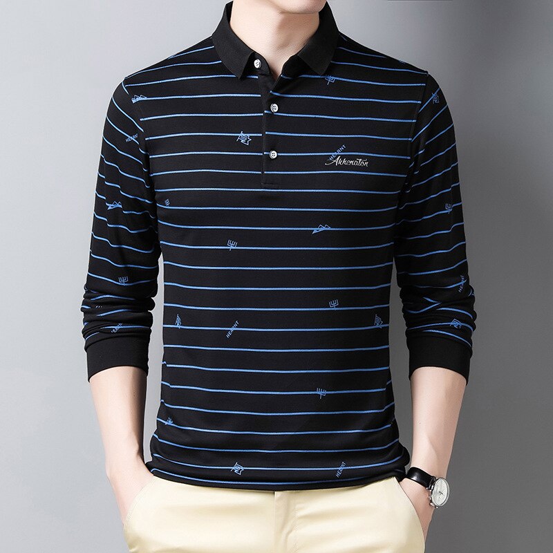 Efterår stribe tryk herre langærmet polo shirt business casual revers mærke polo shirt mandlig