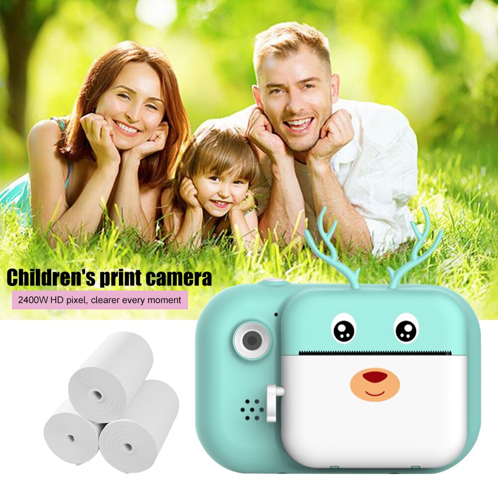 16G Cute Antler USB Rechargeable Selfie Photography 2.4inch Screen Birthday For Kids Instant Print Camera Mini Portable