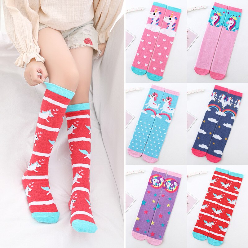 Chaussettes montantes en coton pour filles, chaussettes longues et douces, tricotées avec des motifs de dessin animé, pour enfants de 3 à 12 ans, printemps et automne