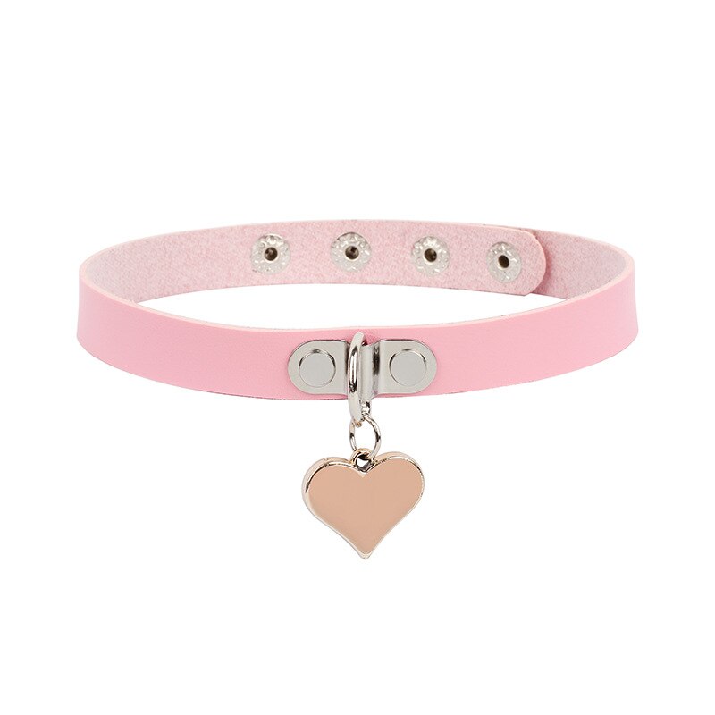 New gothic punk leather choker necklace for women, teens, and girls, studded heart cross collar necklace, rock jewelry: Pink