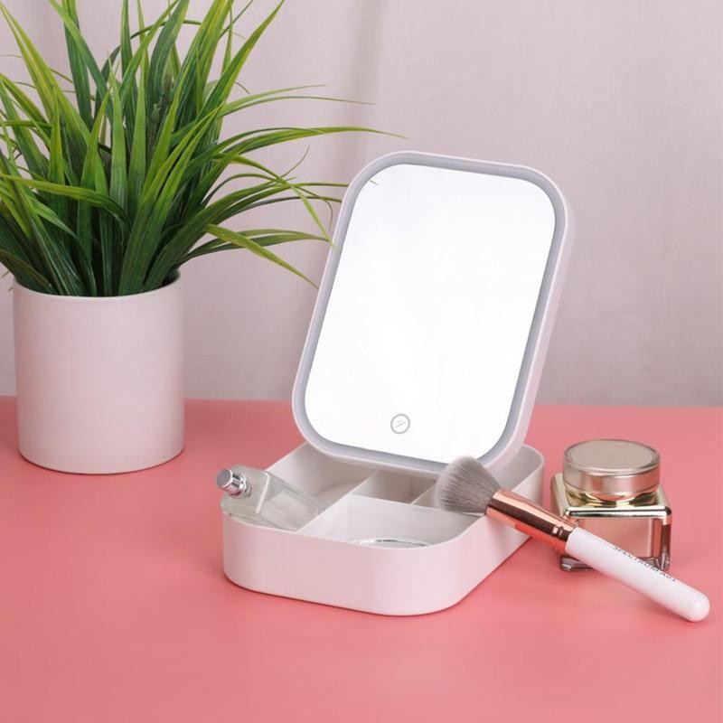 Multifunctional Makeup Mirror with Case Storage Led Makeup Mirror Portable Folding Mirror Desktop Single-Sided Mirror