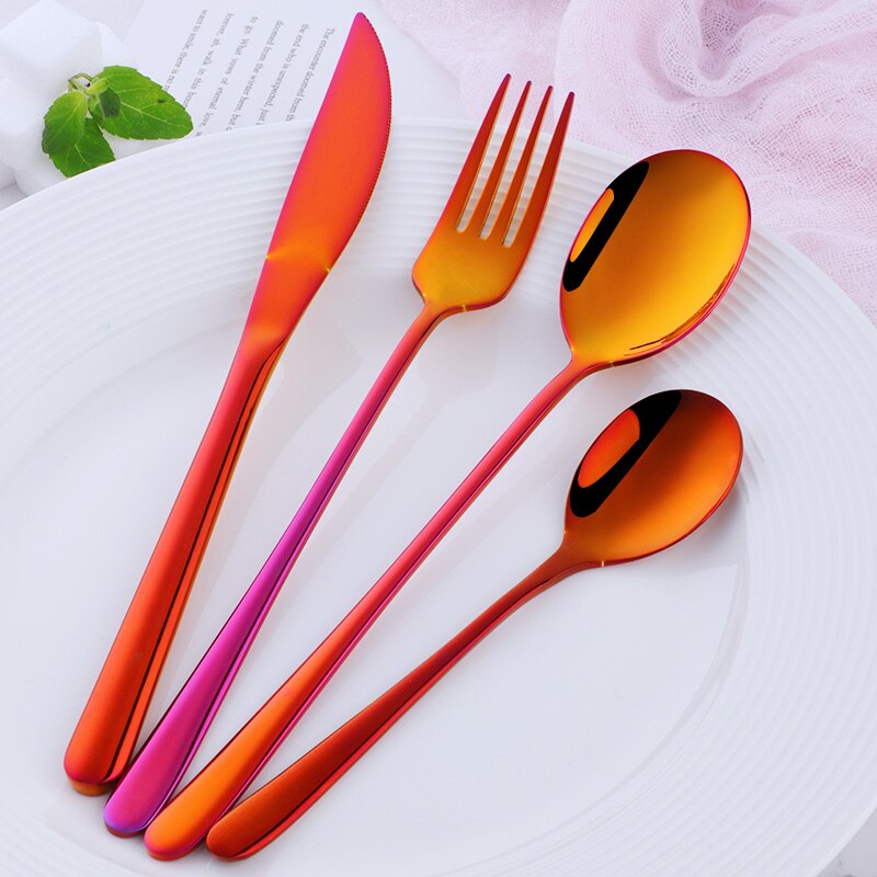 Juego de cubiertos dorados de acero inoxidable, juego de cena portátil, tenedor, cuchillos, cucharas, vajilla occidental, vajilla negra para en casa, 4 Uds.: Rainbow NO.3