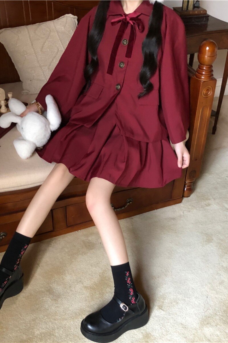 Spring Year Red Petite Set Japanese Style Cloak Coat Women's Inner Vest Pleated Dress japanese school uniform