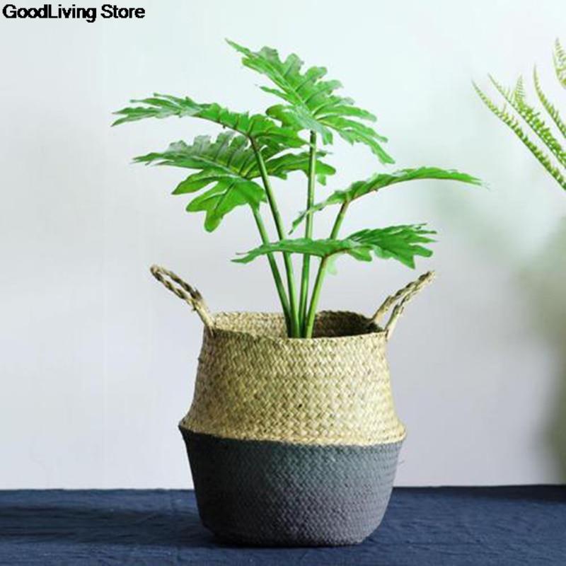 1PC słomka rattanowa kosz wiklinowy trawa morska składany pralnia kwiat kwiatek doniczkowy wazon dom ogród wiszący kosz dekoracje ślubne: czarny