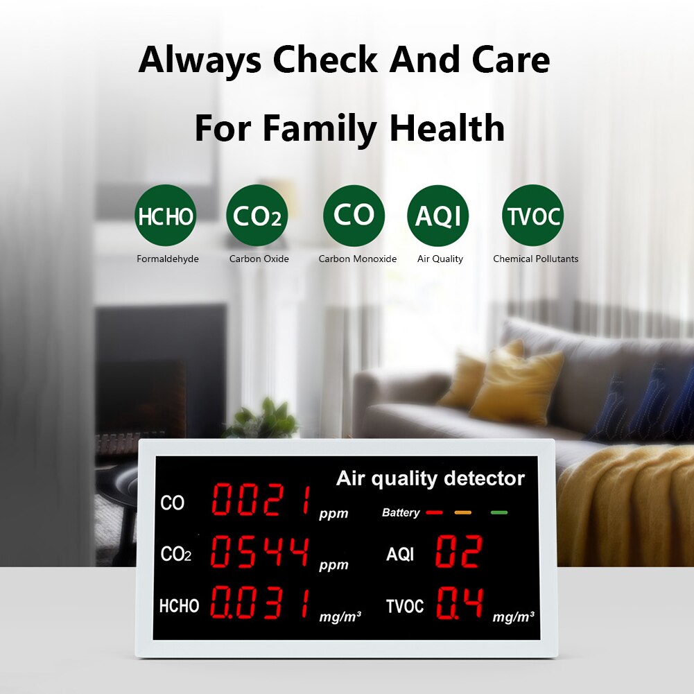 Meter Digital Temperature Tester 5 in 1 Indoor Air Monitor Rechargeable CO CO2 HCHO TVOC AQI Detector