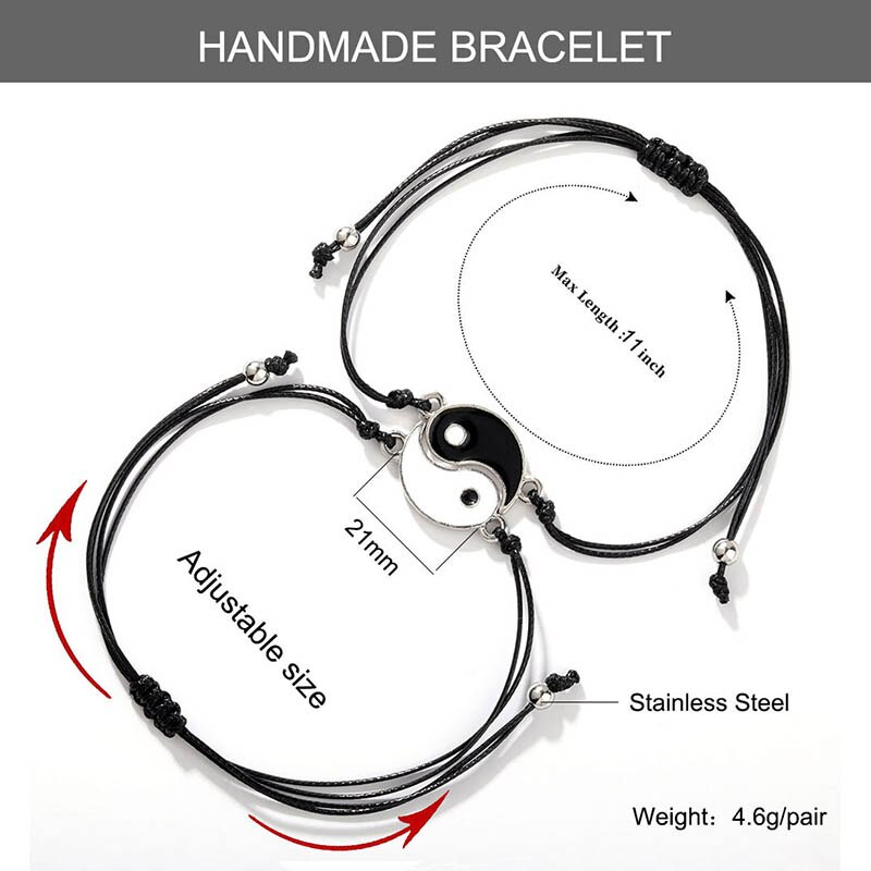 2pcs/pair Ying Yang Couple Bracelet Tai Chi Gossip Banish Matching Braslet Handmade Braided Braclet Adjustable BFF Brazalete