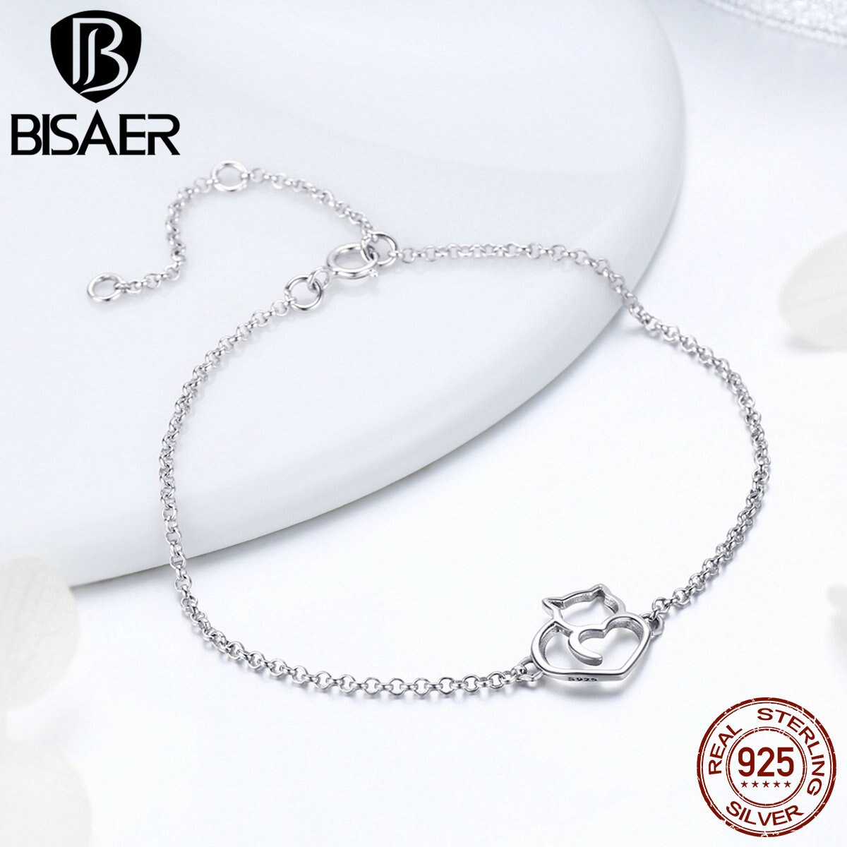 BISAER 925 Sterling Silber Kette Verknüpfung Katze Einfache Ebene Femme Armbänder Armreifen für Frauen Pulseira Silber 925 Schmuck ECB102