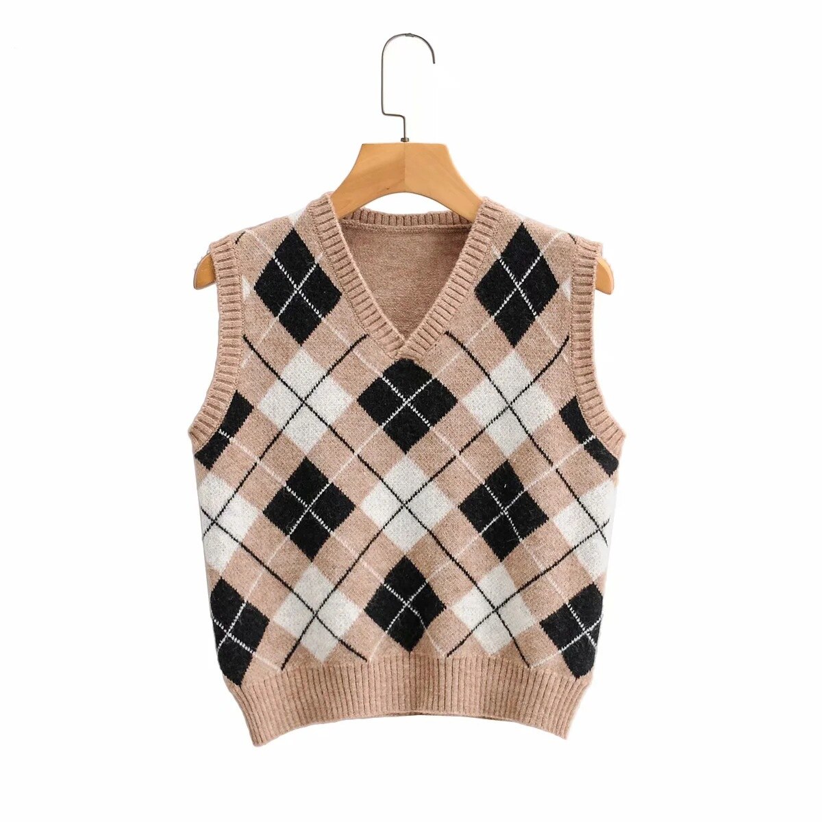 Preppy stil geometrisk plaid strikket vest sweater kvinder efterår vinter v-hals ærmeløs pullover dame sweater toppe: -en