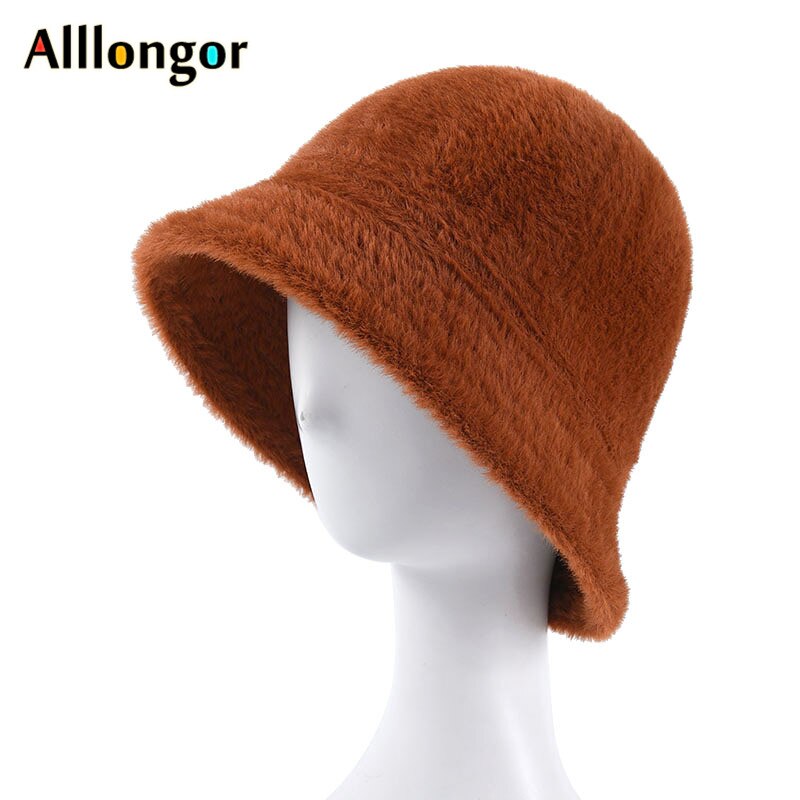 Winter Hat Women Bucket Hat Femme Autumn Warm Solid Casual Plush Faux Fur fishing cap Solid Wool fisherman&#39;s hats mujer