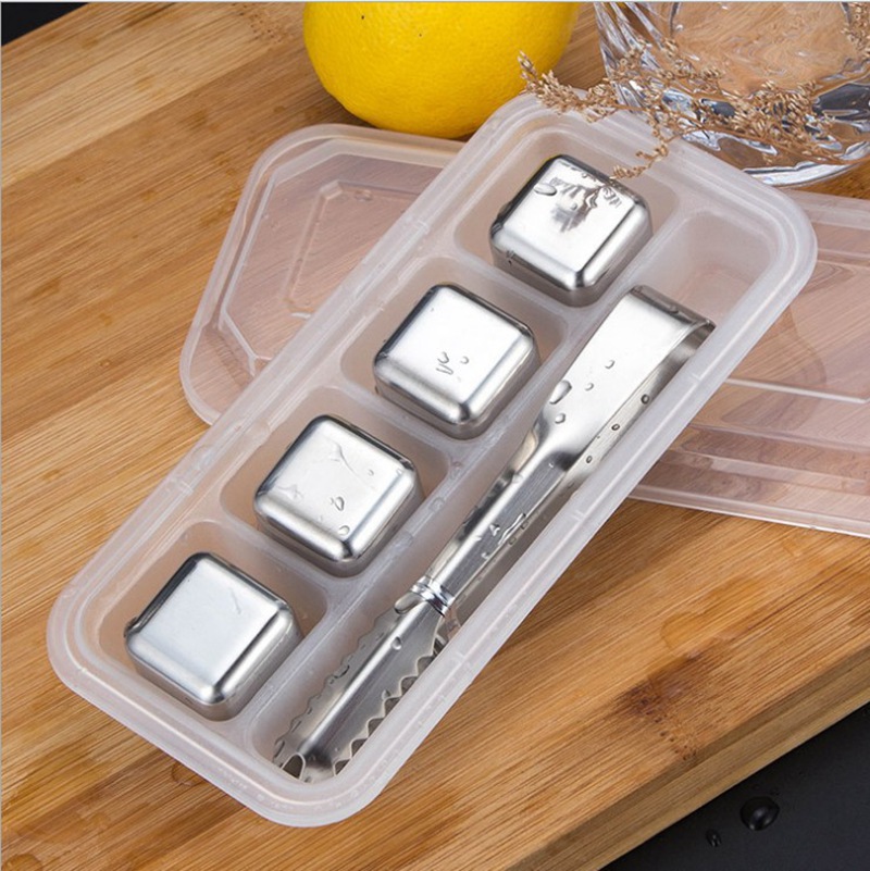 Rvs Ice Cubes Emmer Bar Ktv Magic Vodka Whisky Steen Wijn Whisky Bier Koeler Houder Chiller Tool: 4pcs with pliers