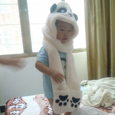 3 in 1 functies dier cartoon koraal fleece sjaal winter mooie panda muts met handschoenen voor kinderen volwassenen kerst: Kinderen lachen