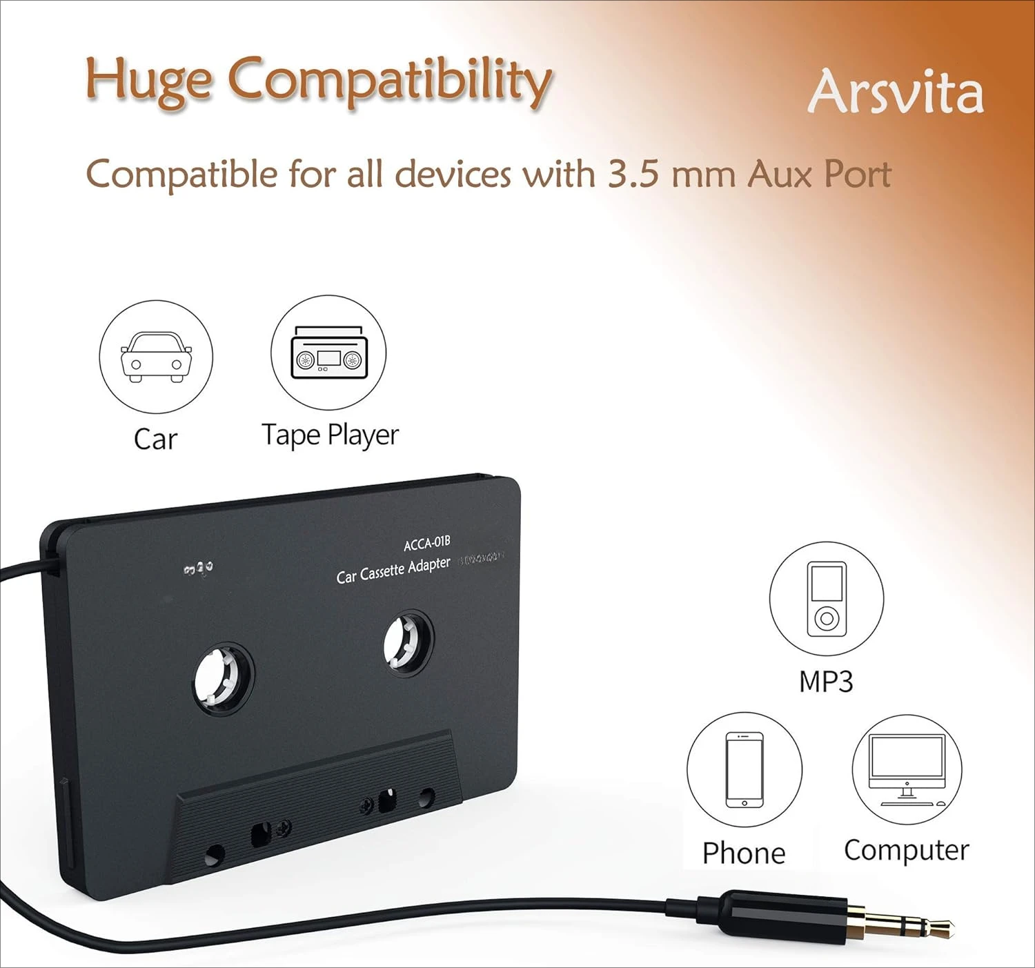Car Audio Cassette to Aux Adapter, 3.5 MM Auxillary Cable Tape Adapter