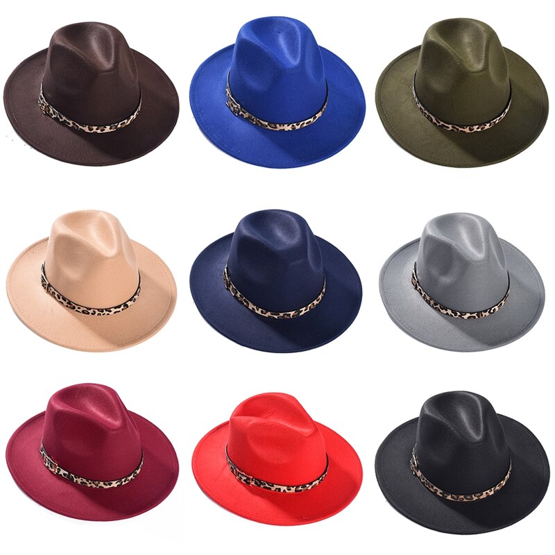 Imixlot Neue retro Frauen Männer Breite Krempe Jazz Kappe Ich bin Freien Einfache Kirche Derby oben Hütte mit Leopard Gürtel Hüte