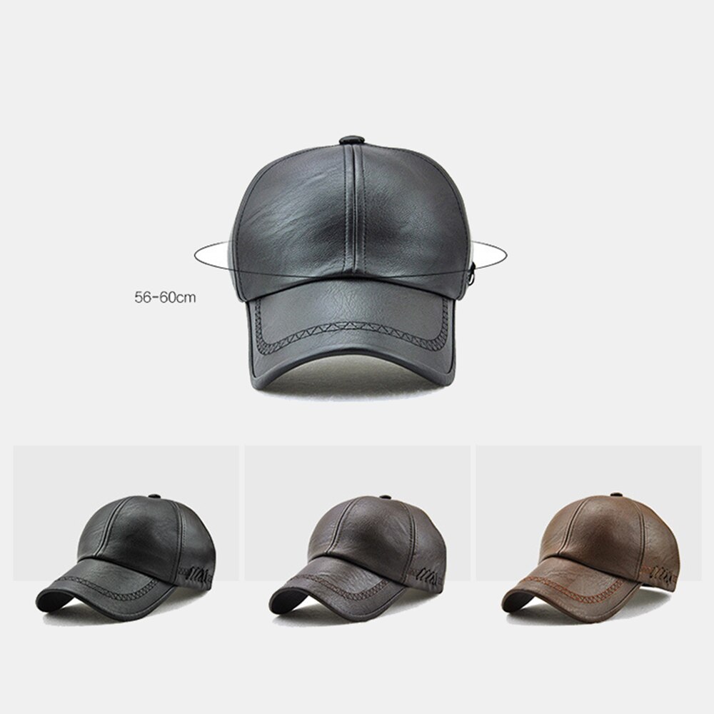 Justerbar forår vinter pu læder baseball caps til mænd solid pu læder herre kasket udendørs snapback hat sort brun vævet indretning
