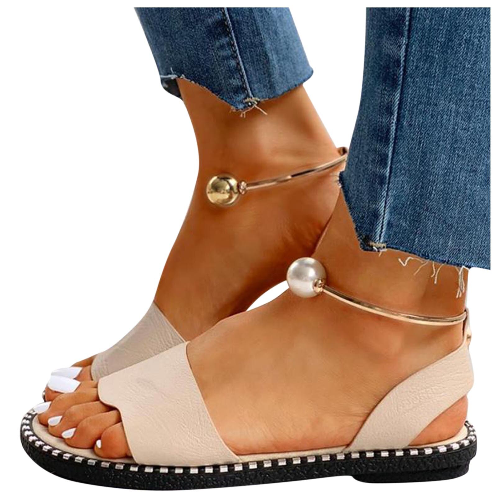 TELOTUNY – sandales antidérapantes pour femmes, chaussures à bout rond, couleur unie, avec boucle en perles, décontractées, tongs d'extérieur, été: Beige / 39