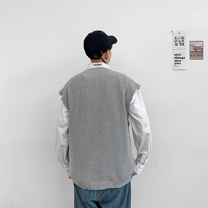 Mannen Trui Vest Print Losse Gebreide Harajuku Eenvoudige Lente Herfst Mannetjes Leisure Chic Trendy Uitloper Koreaanse Stijl Mode