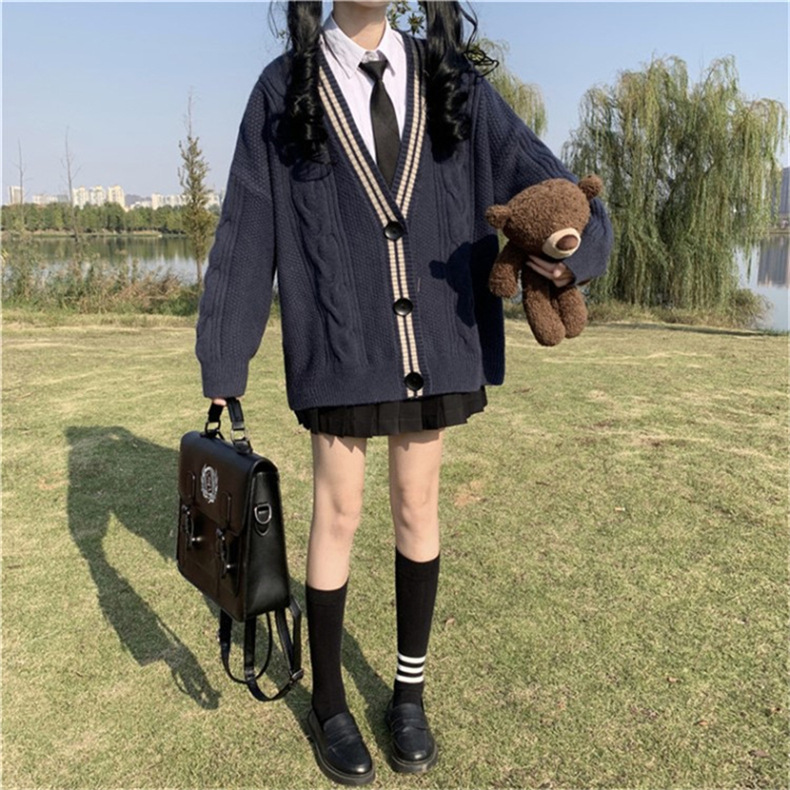 Japanese Korean School Uniform for Girls Autumn Winter College Style Loose Knitted Cardigan Solid Color Sweet Coat 2022
