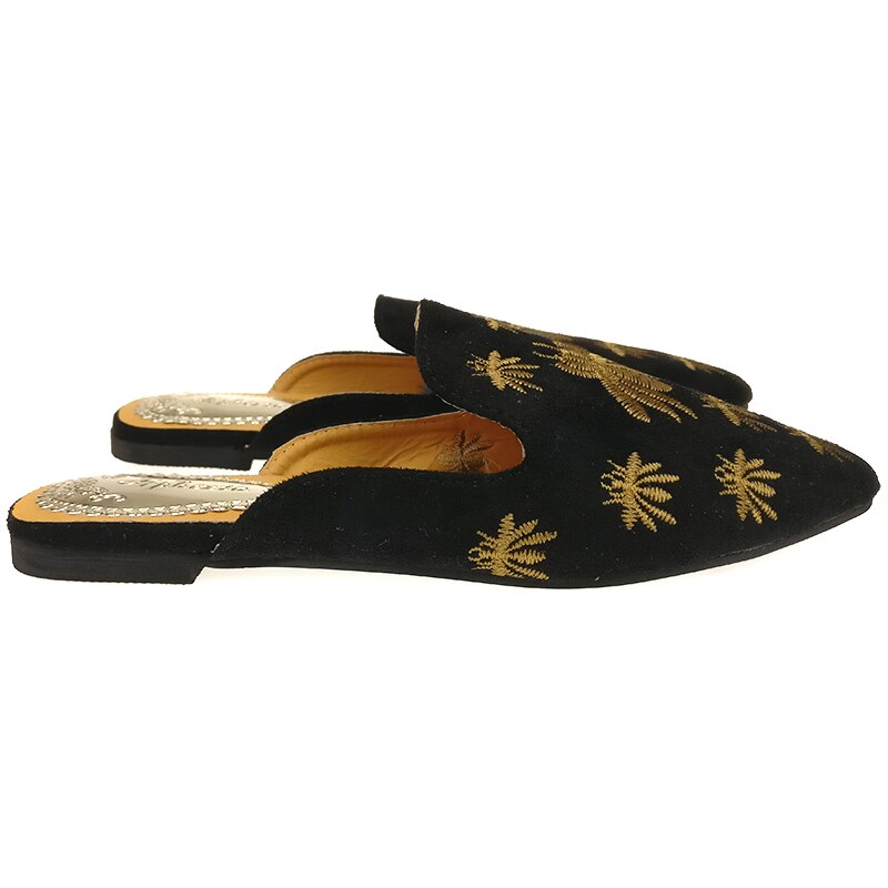 Aphixta femmes chaussures araignée pantoufles broderie peu profonde talon bas plat avec automne fleur Point orteil extérieur noir pantoufle