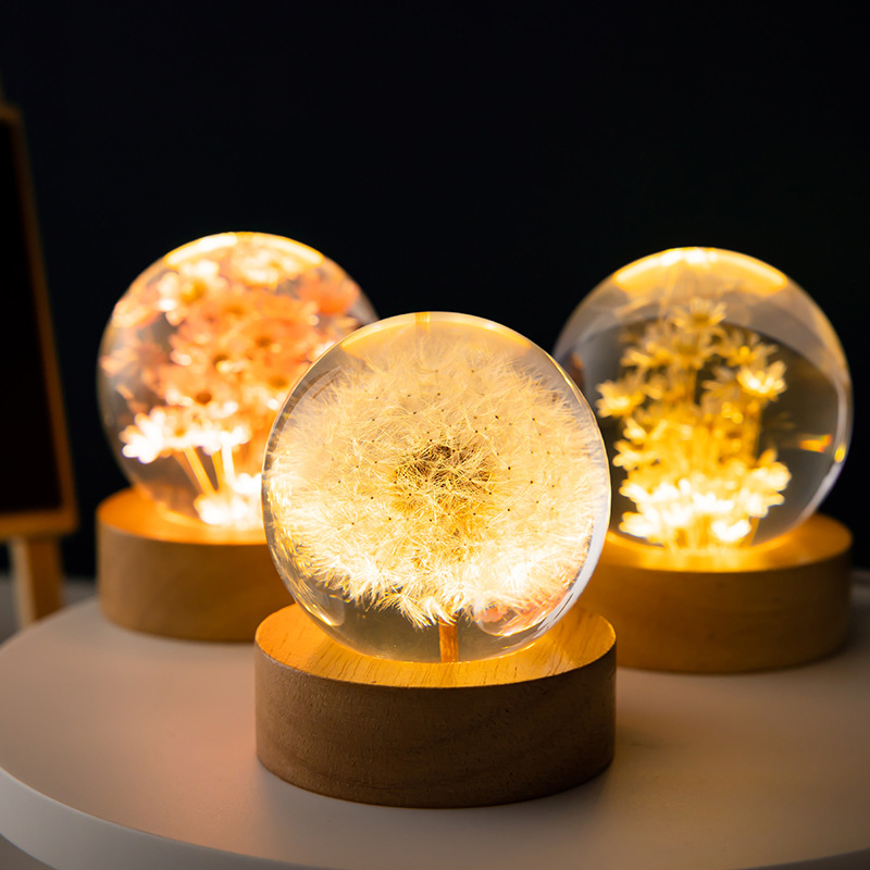 Bola de cristal de diente de león 3D, 5cm, 6cm, luminosa, de flores de inmortalidad, bola de cristal, soporte de madera, Base, bola de esfera de flor preservada