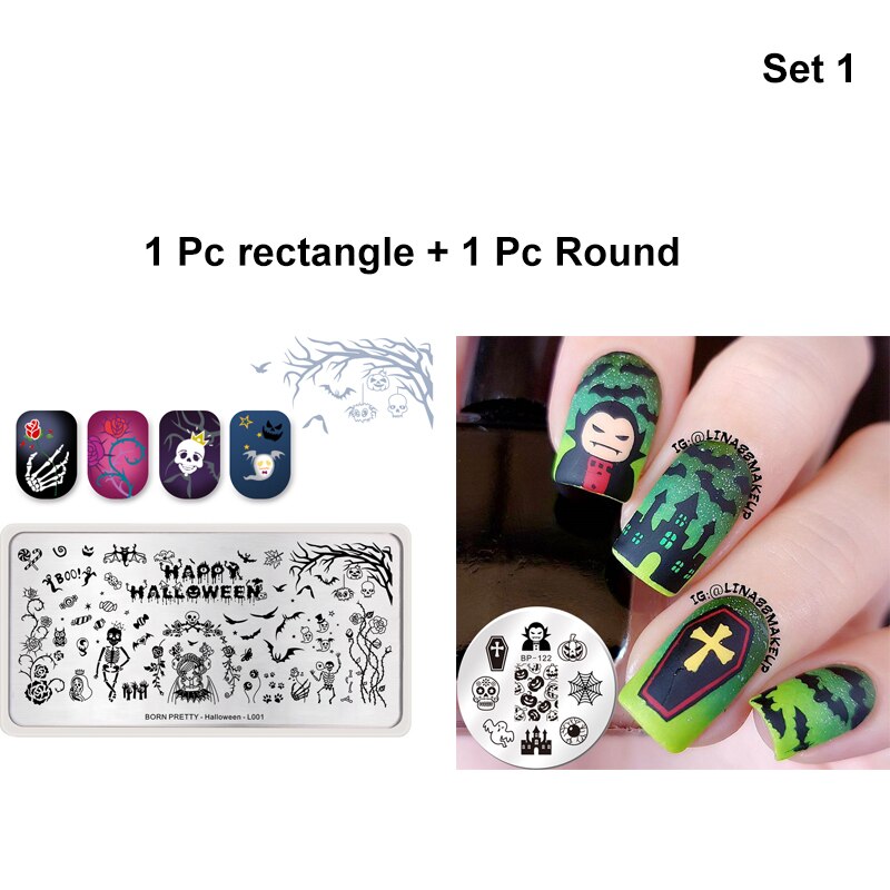 Født pen stempling plater blomster gresskar lykt flaggermus bland bilde rektangel rustfritt stål neglekunst mal halloween tema: Sett -1