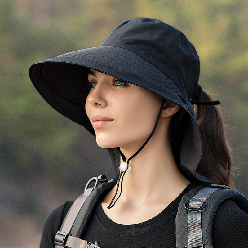 Verão Cor Sólida Bow Tie Bucket Hat para As Mulheres Xaile Integrado Sun Hat Outdoor Anti-UV Pesca Hat Senhoras Praia Caminhadas Hat: Preto