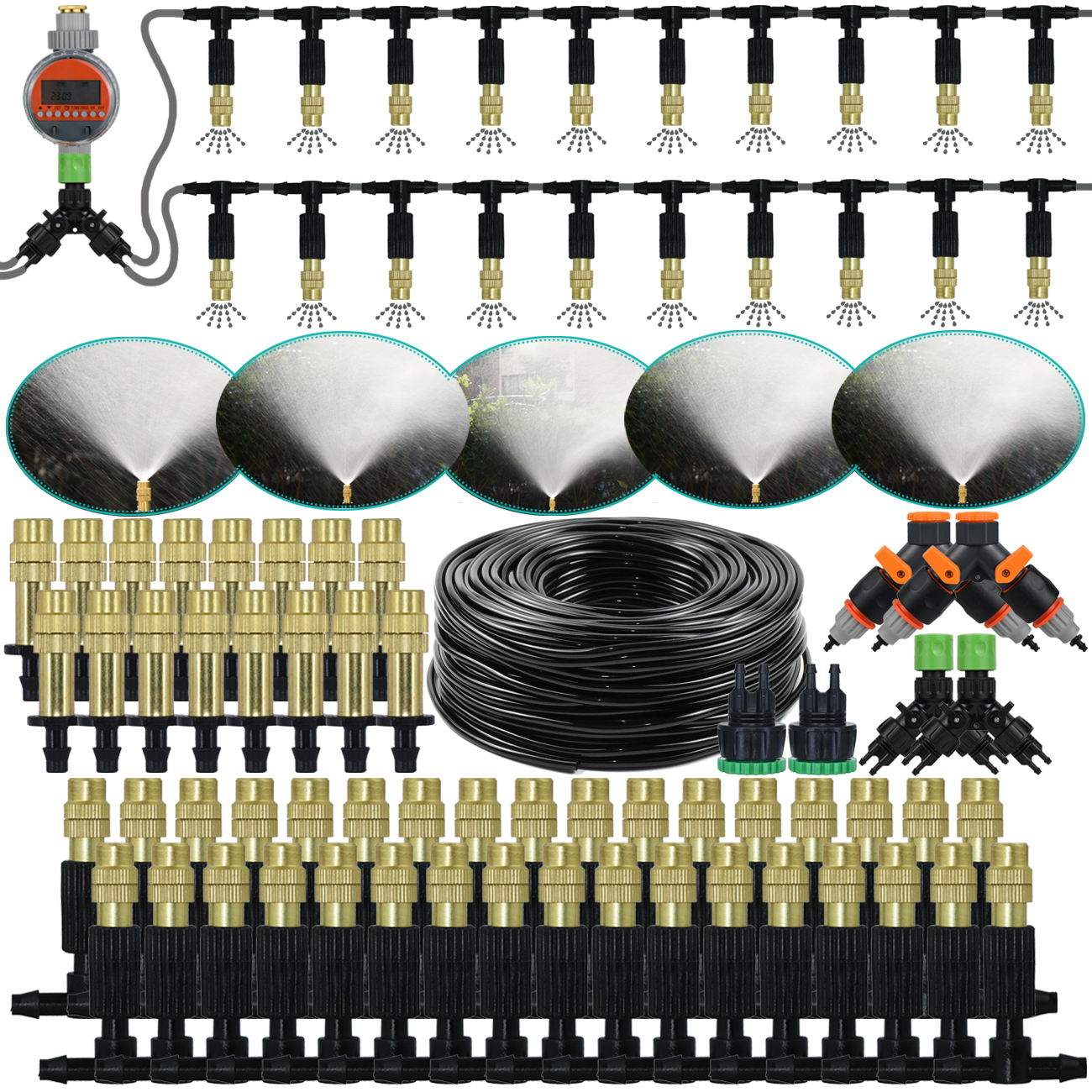 5M-50M Garden Misting Cooling System 1/4'' Drip Irrigation Outdoor Watering Brass Atomizer Nozzles 4/7mm Hose Greenhouse Parasol