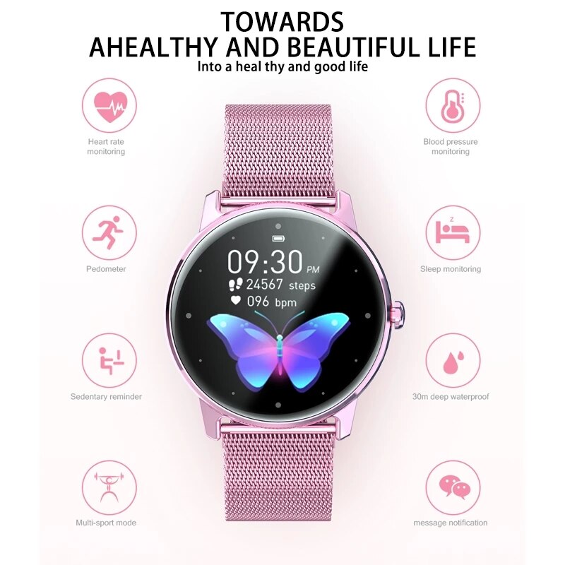 Ladies Smart Watch IP68 Waterproof Fitness Tracker Heart Rate Monitor Full Screen Male Smart Watch Compatible with Android IOS