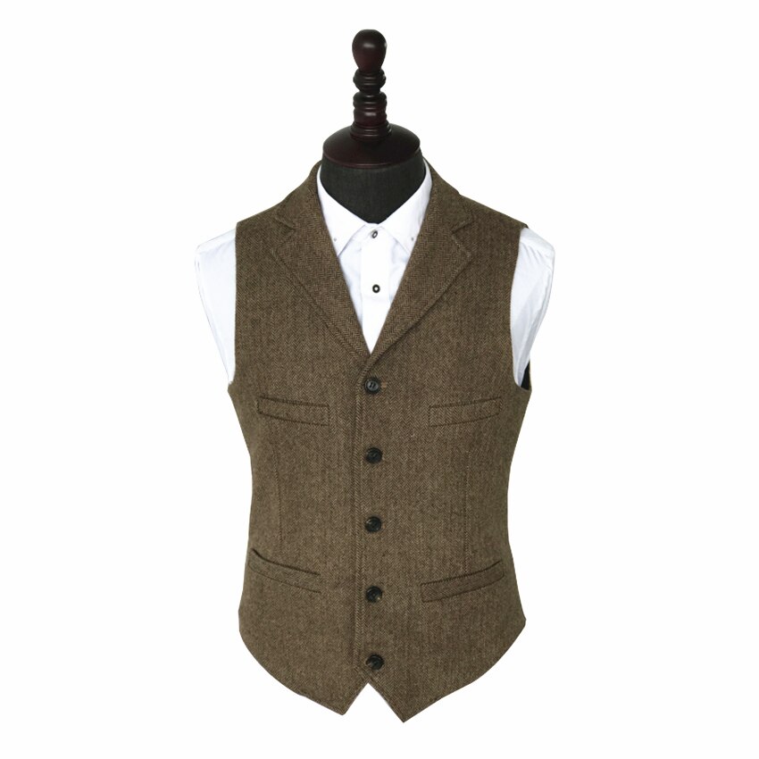 SHOWERSMILE Vintage Tweed Vest Herringbone Striped Suit Vest Light Brown Waistcoat Vest Slim Fit Sleeveless Jacket Gilet Homme: L