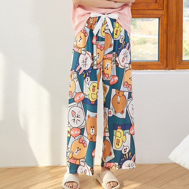Summer Sleep Wear for Women Pajama Printing Loose Sleep Pants Calf-Length Pants Sleep Bottoms Home Wear: D4