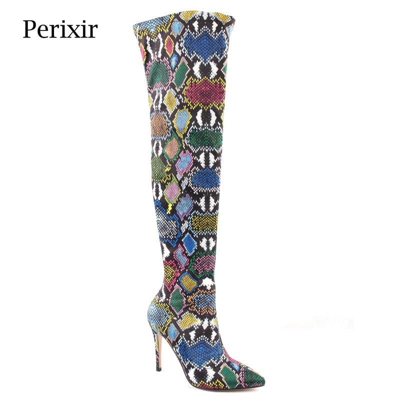 Perixir Vrouwen Over De Knie Laarzen Sexy Dunne Hoge Snake Print Stretch Stoffen Laarzen Hoge Hak Slip Op Schoenen Wees teen Lange Boot