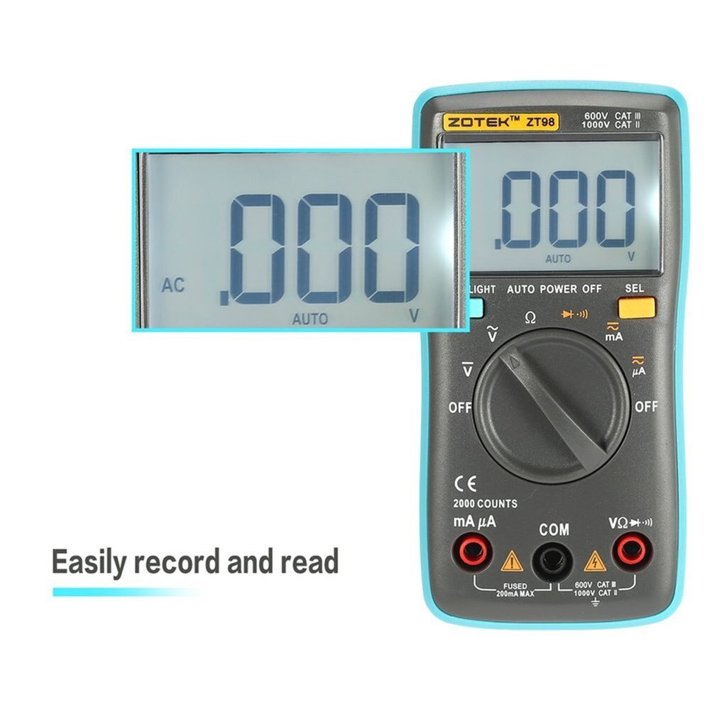 ZT98 Mini Auto Range Digital Multimeter 1999 counts AC/DC Ammeter Voltmeter 550V Overload Protection LCD Backlight