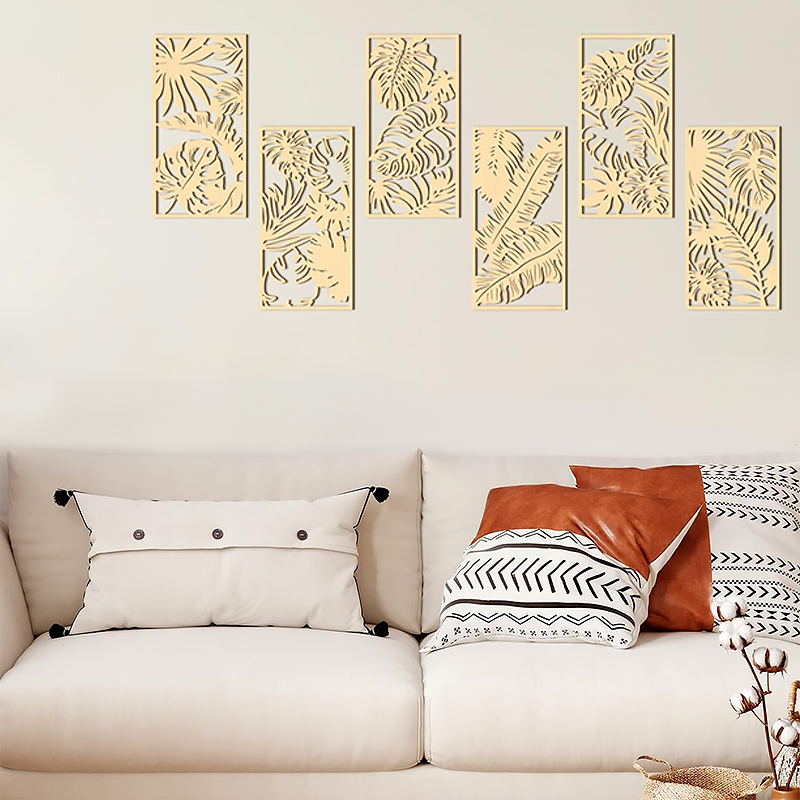 Decoración de pared artística hueca de madera 3D, planta de hoja de palma tallada en madera bohemia, adornos colgantes de pared, decoración Vintage para el hogar y la Oficina