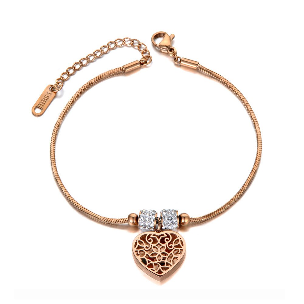 Lokaer CZ cristal & coeur Bracelets porte-bonheur Bracelet pour femmes acier inoxydable serpent chaîne bohême plage Bracelet bijoux B19119: Or Rose Couleur